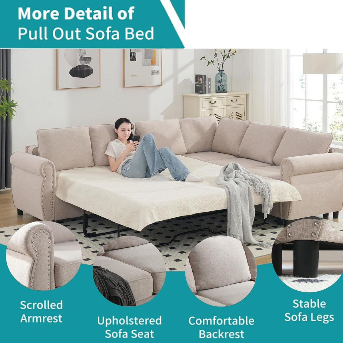 Beige Modular Sectional Sleeper Sofa with Pull Out Bed D4024
