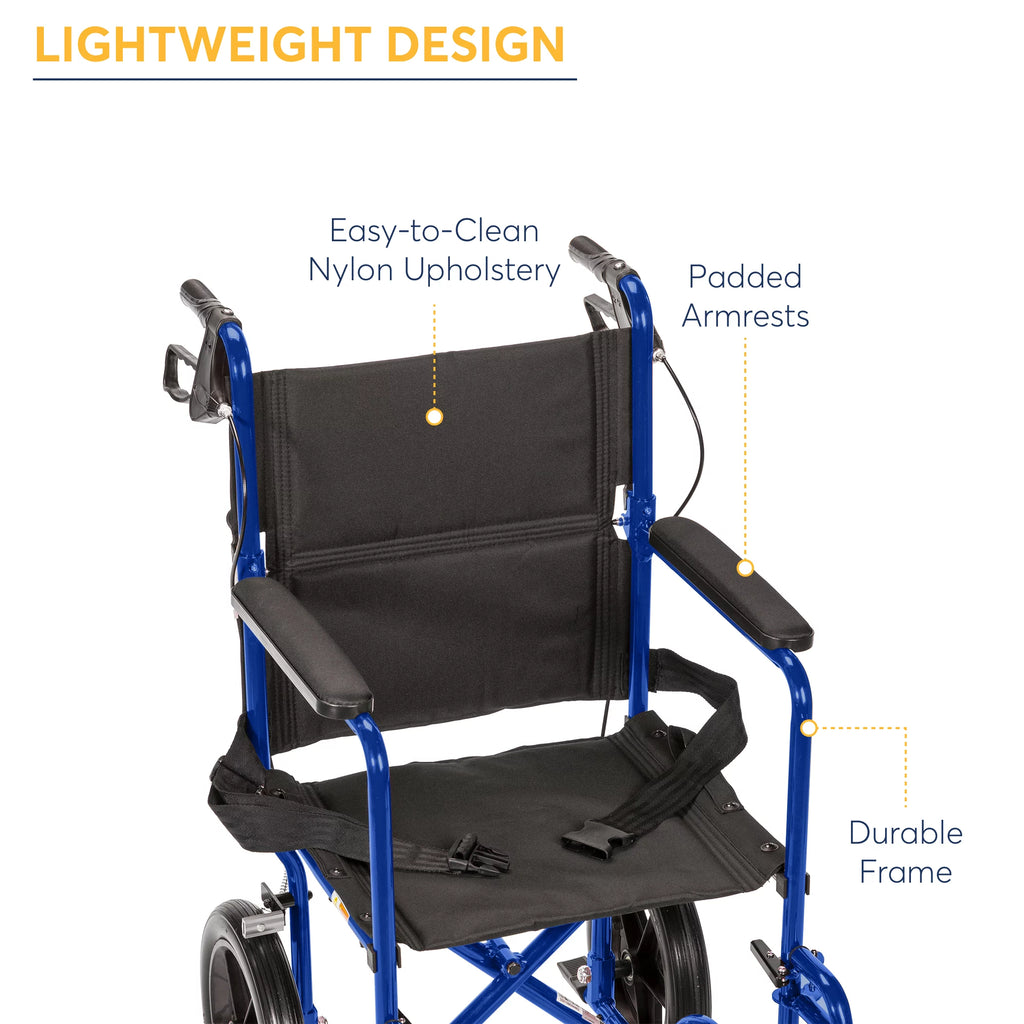 Blue 19" Seat Lightweight Transport Wheelchair with Hand Brakes P764495