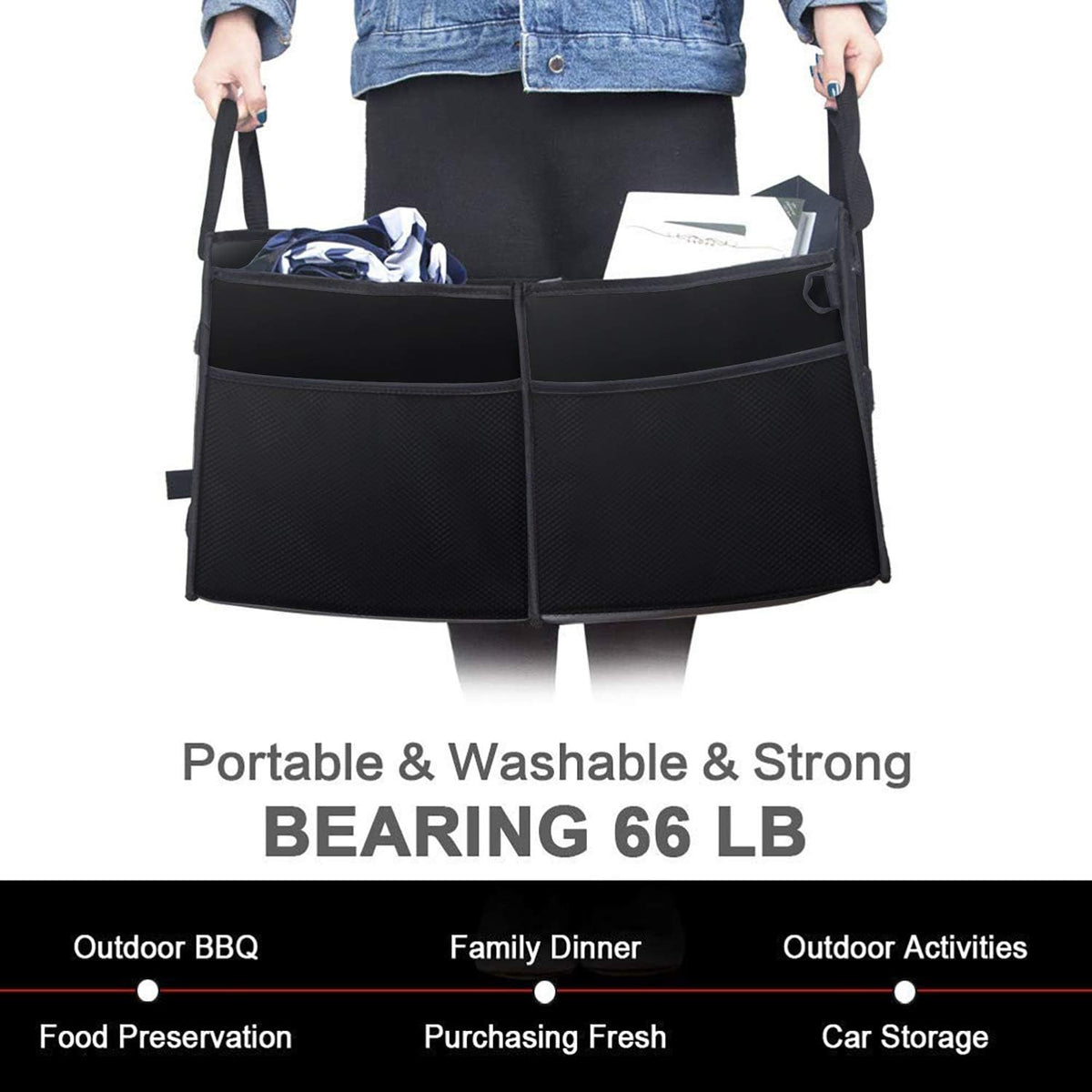 Black Collapsible Car Trunk Organizer with Insulation Cooler Bag T2114