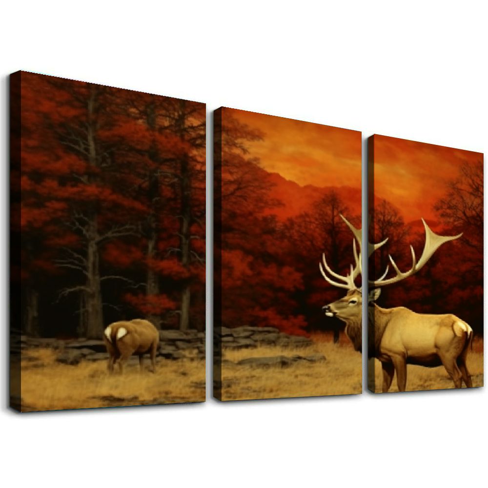 Deer Elk Forest Canvas Wall Art Painting Prints 12''x16'' 3 Panels E53158