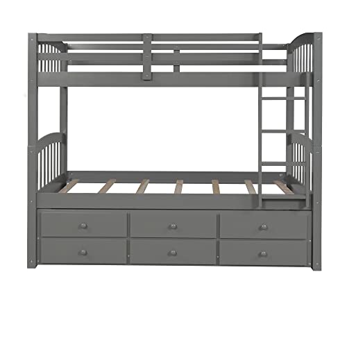 Twin Over Twin Wooden Bunk Bed with Trundle and 3 Storage Drawers H4701