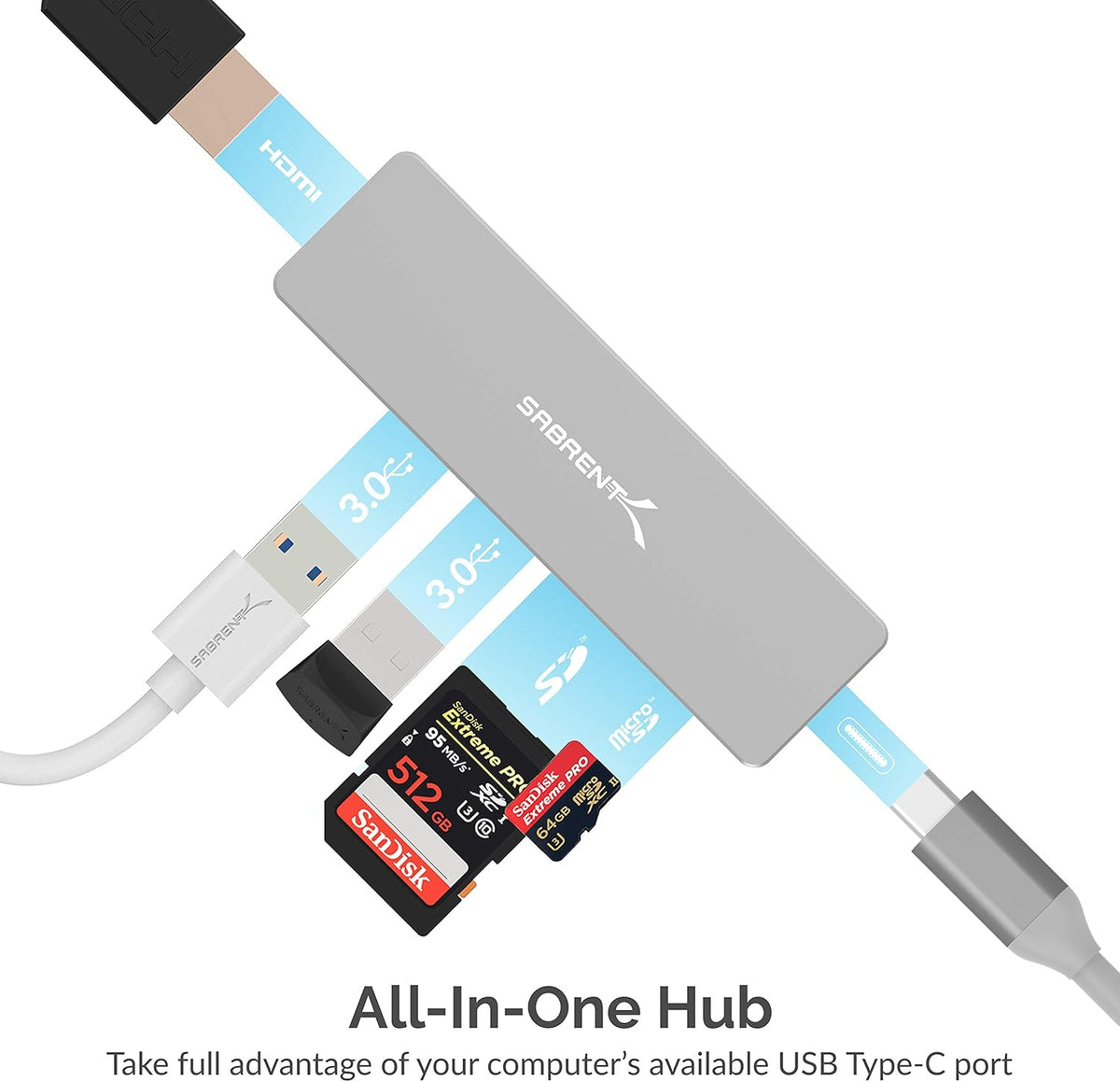 5 in 1 USB C Multi-Port HUB with SD & Micro SD Card-Reader, HDMI 2.0 Port, 2 x USB 3.0 Ports J19266