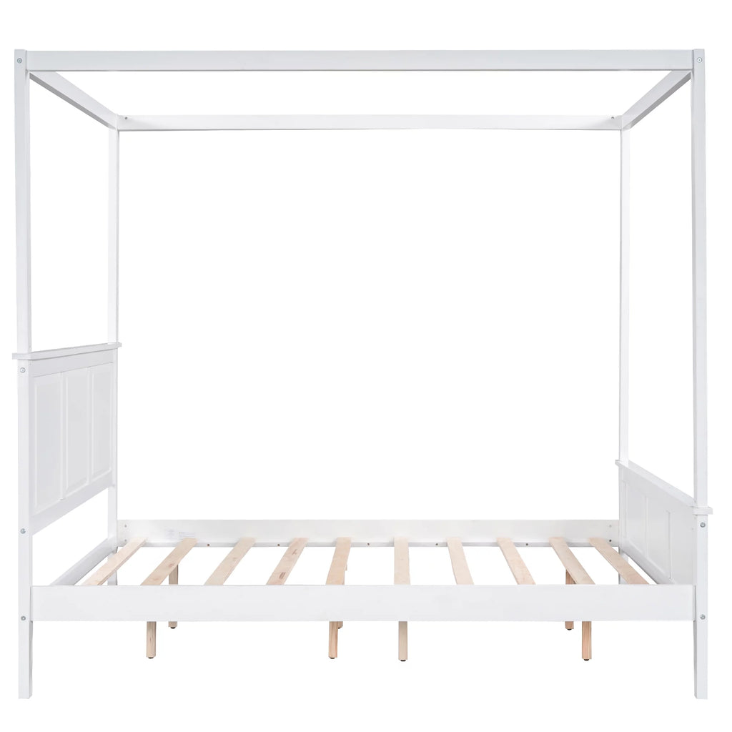 White Wood Queen Size Canopy Platform Bed E94326