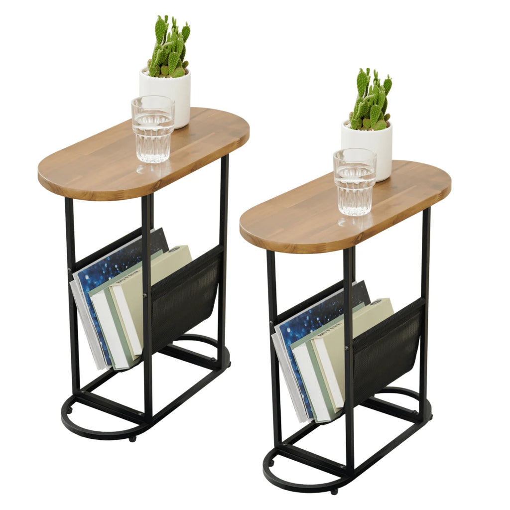 Wood Oval Side Table Set of 2 with Magazine Rack V813