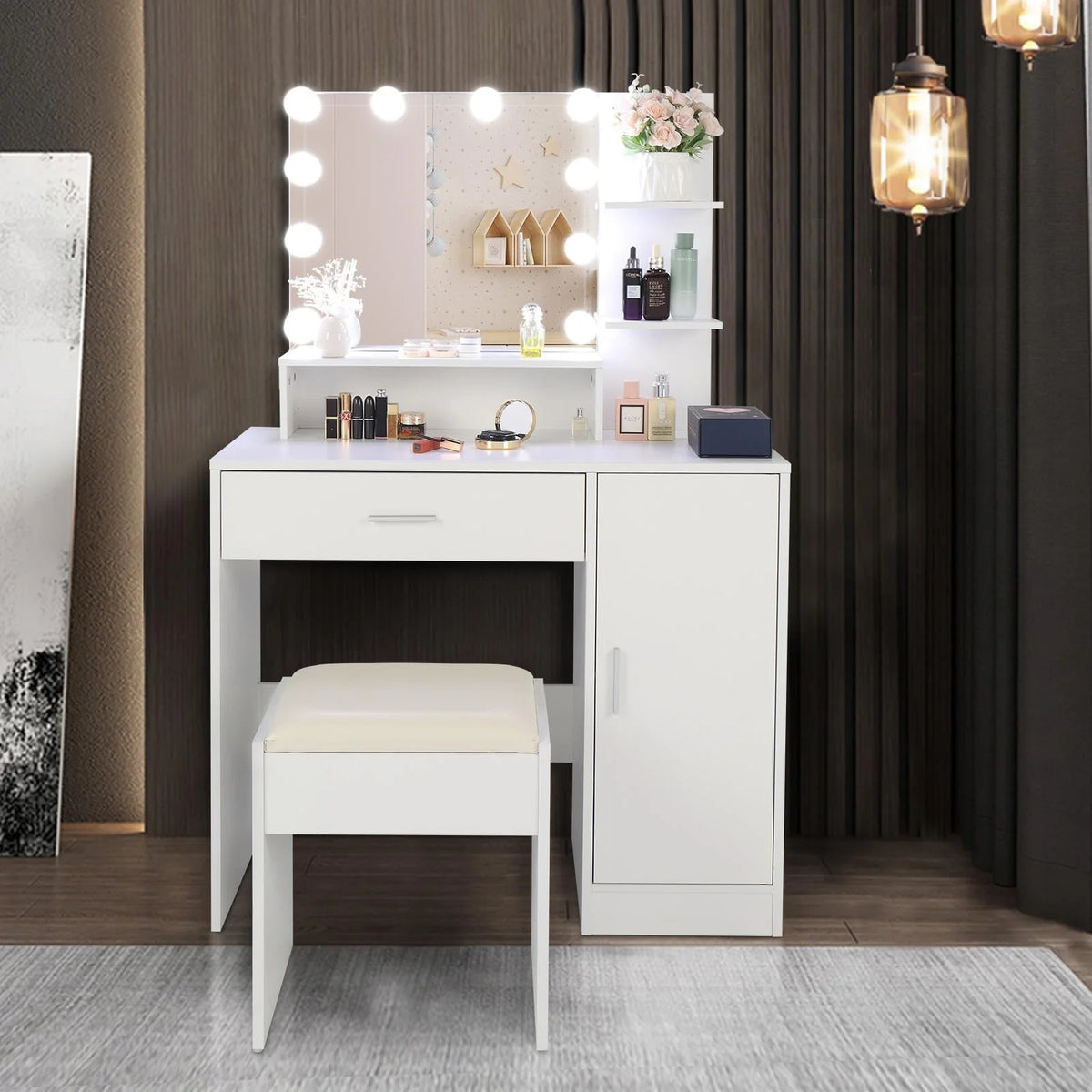 Black Vanity Set with Lighted Mirror and Stool D788