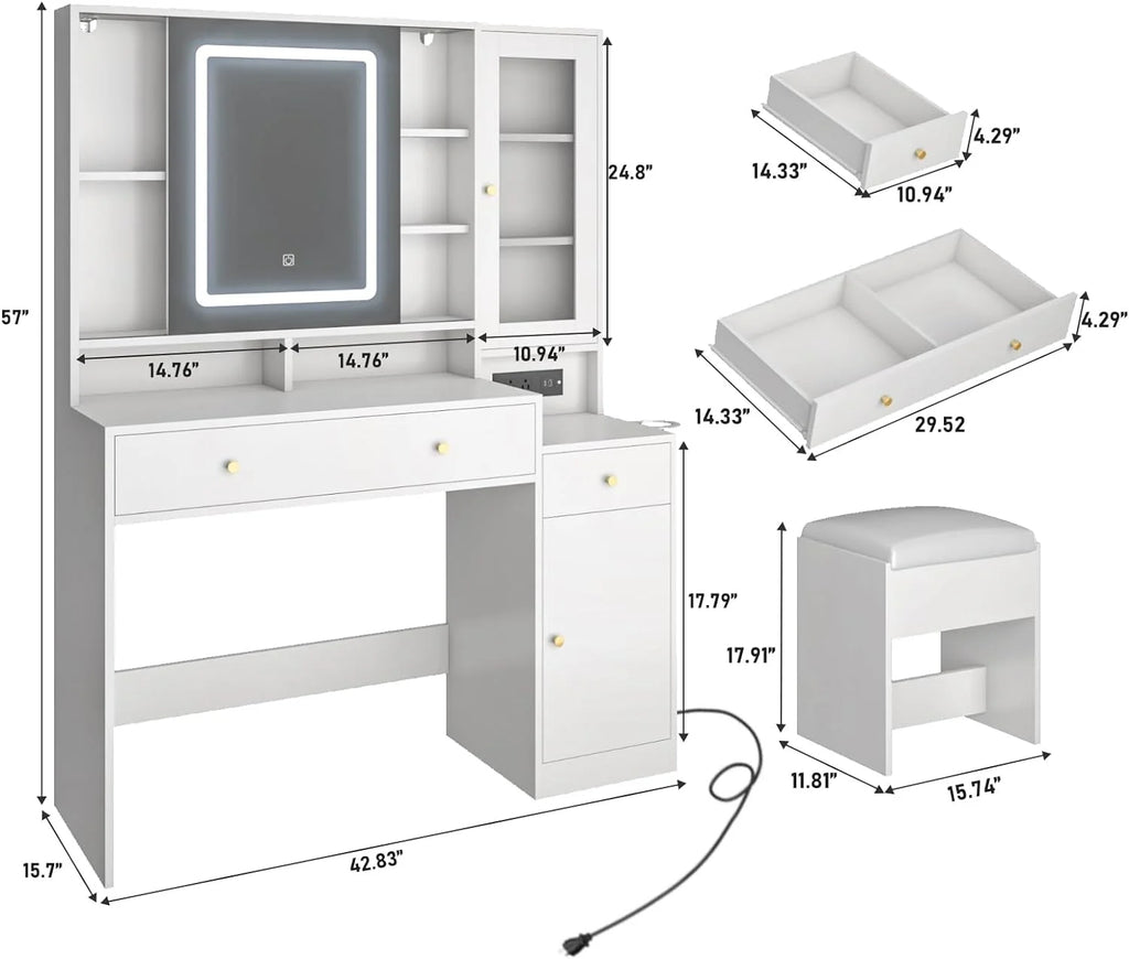 White Vanity Desk with Sliding Mirror and Lights X5818