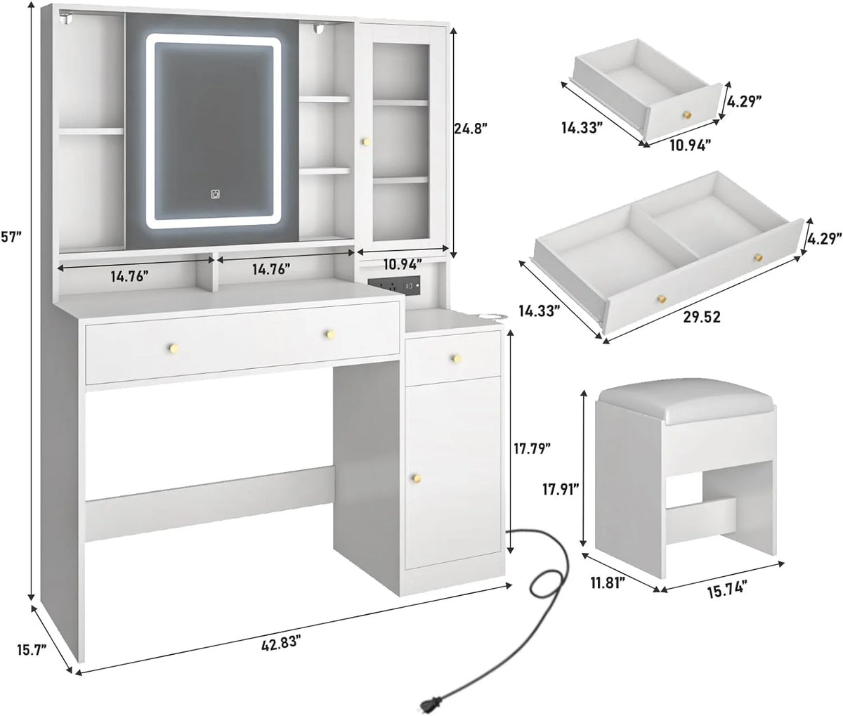 White Vanity Desk with Sliding Mirror and Lights X5818