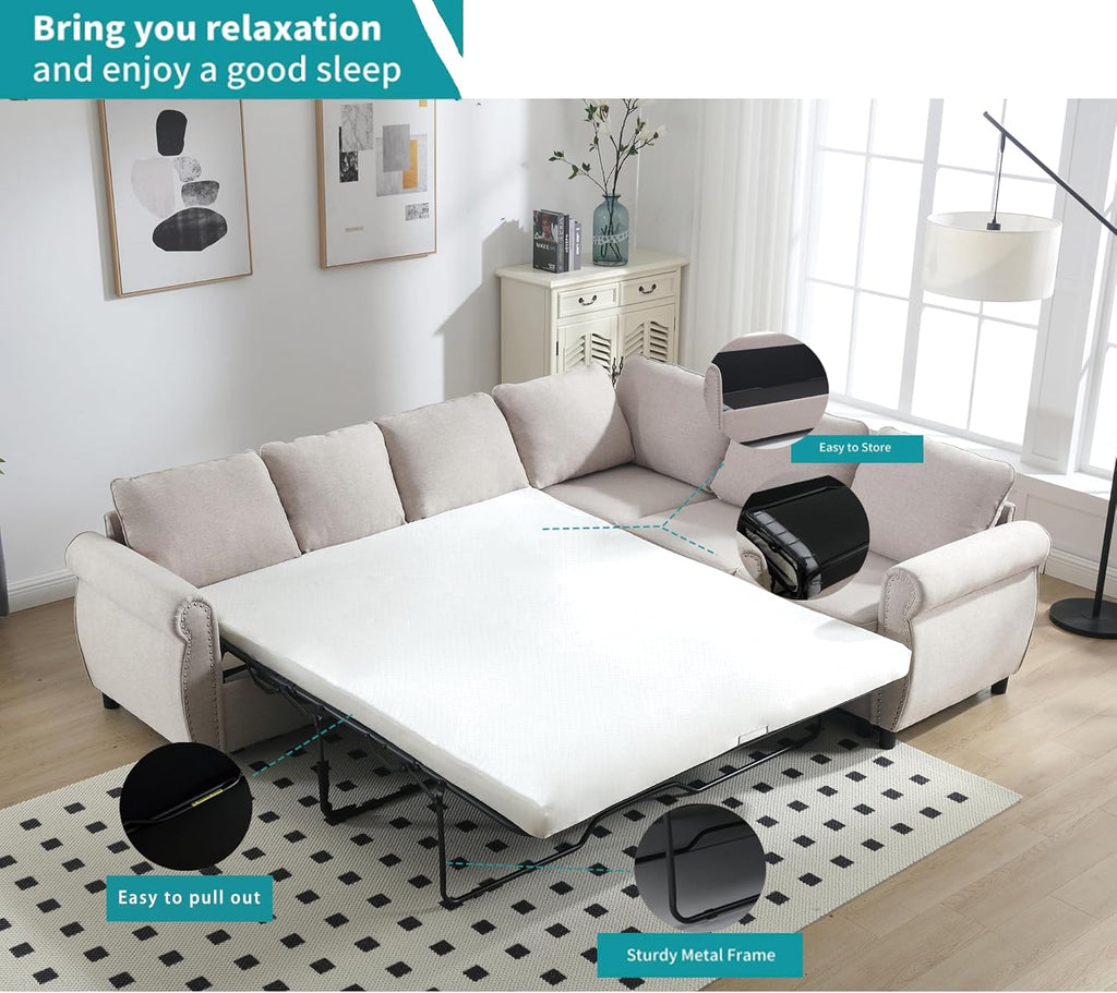 Beige Modular Sectional Sleeper Sofa with Pull Out Bed D4024