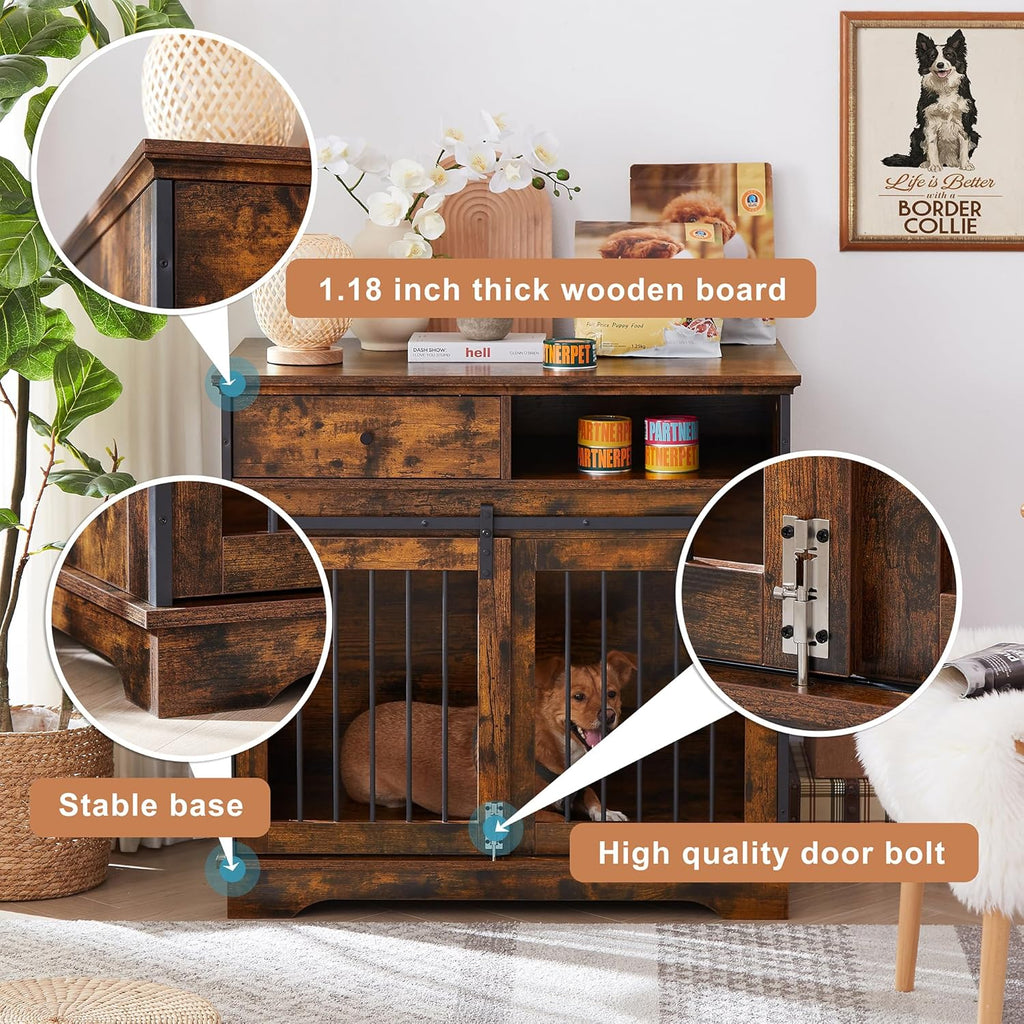 Rustic Brown Wooden Dog Crate with Sliding Barn Door and Storage Drawers P756149