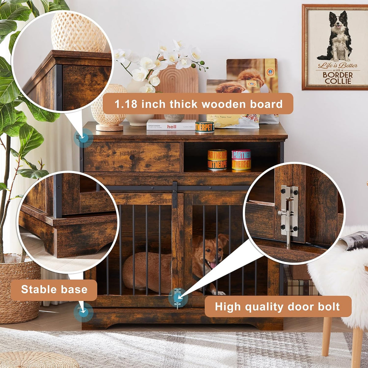 Rustic Brown Wooden Dog Crate with Sliding Barn Door and Storage Drawers P756149