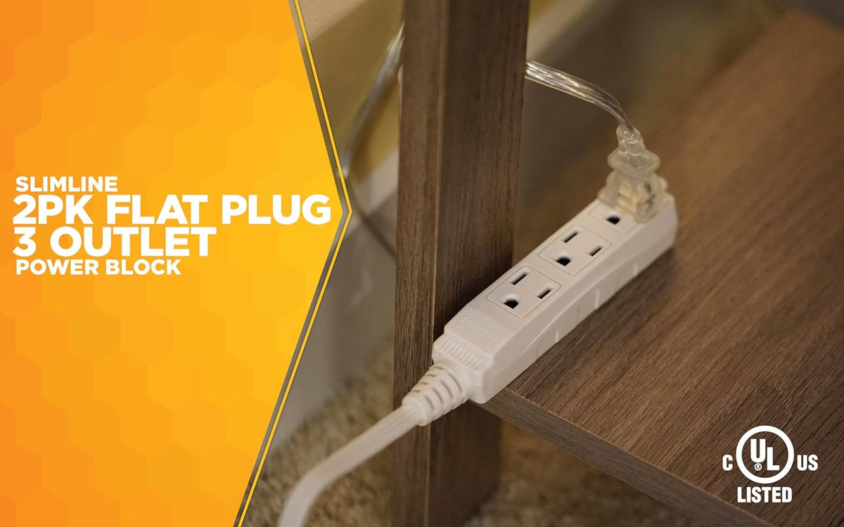 White 13-Foot Angled Flat Plug Extension Cord with 3 Grounded Outlets T2442