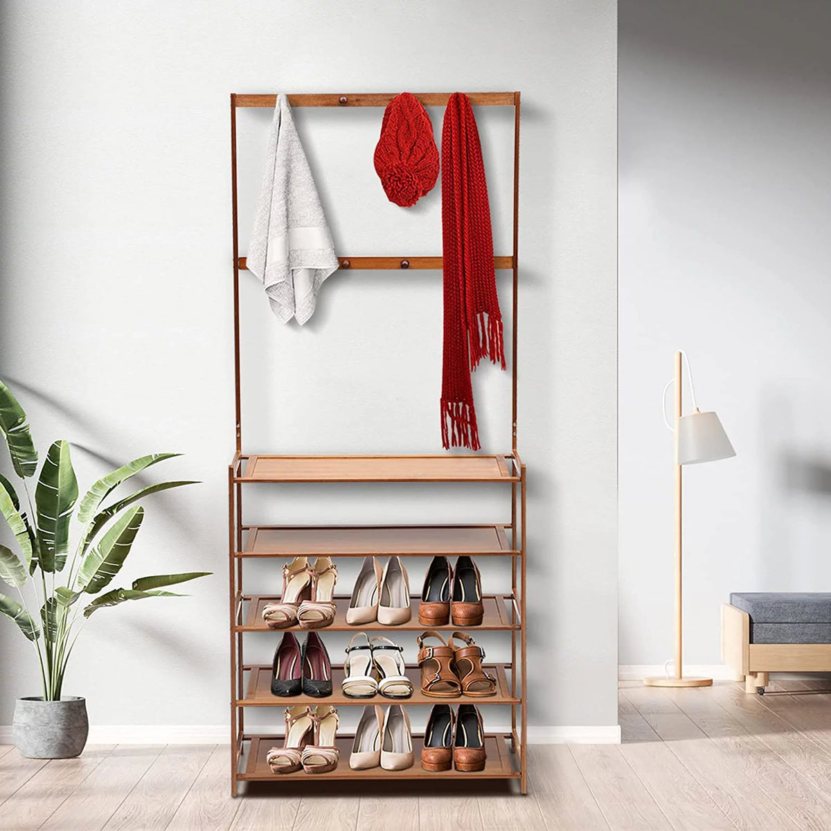 5-Tier Bamboo Coat Shoe Rack with Storage Bench and 8 Hooks C414