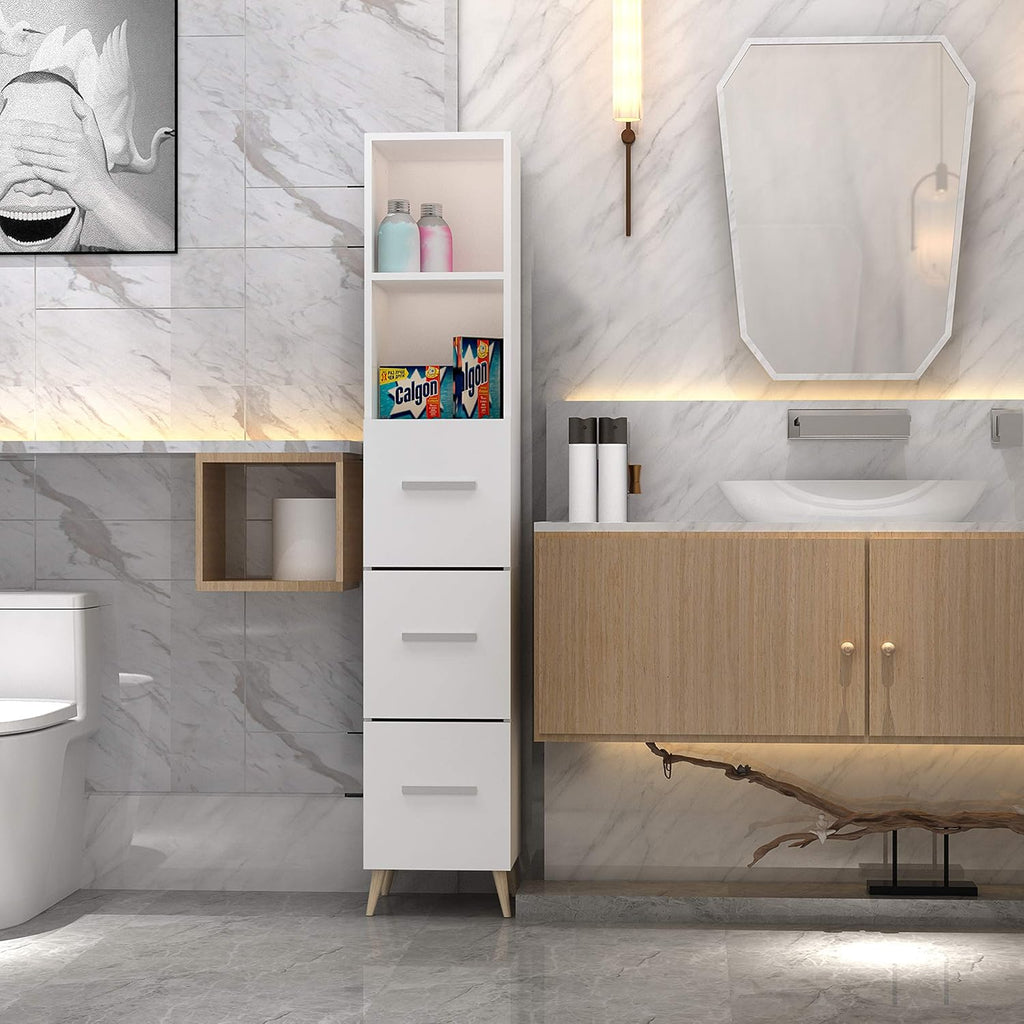 Ivory White Freestanding Bathroom Cabinet with 2 Open Shelves and Doors P909