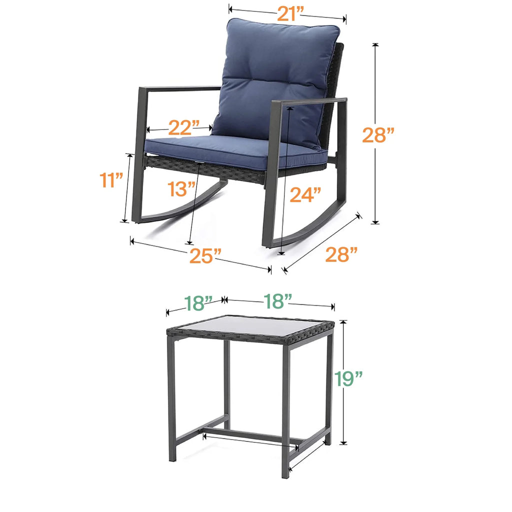 Black Wicker 3-Piece Rocking Chair Set with Glass Table N89008