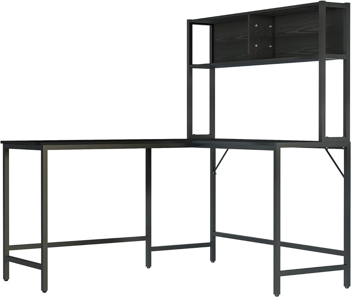 55 Inch L Shaped Computer Desk with Hutch, Black L1338