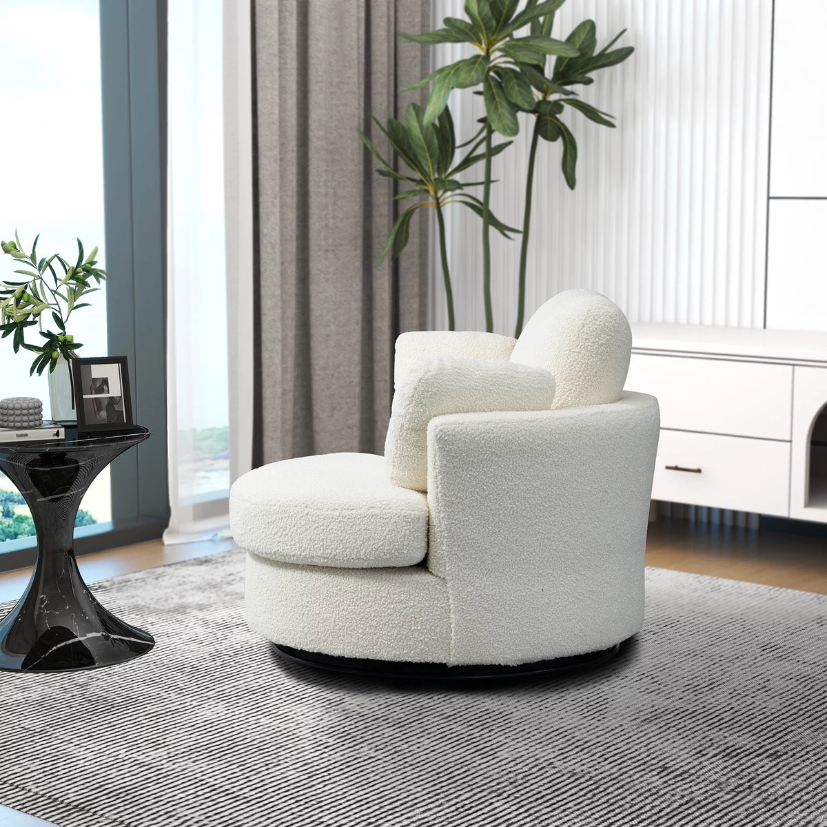 Ivory Boucle Oversized Swivel Accent Barrel Chair U627