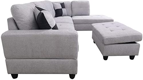 Grey White Linen Fabric L-Shaped Sectional Sofa Set with Storage Ottoman and Pillows Q46407