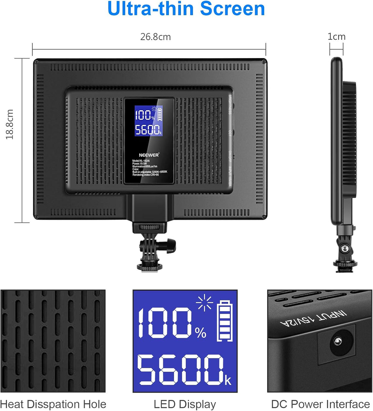 Ultra-Thin LED Soft Light Panel with LCD Display, Dimmable Bi-Color 3200-5600K CRI95+ On Camera Video Light T916654