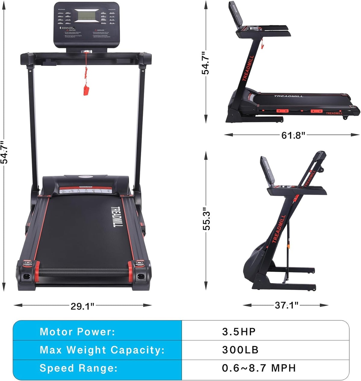 Folding Treadmill with Auto Incline, Heart Sensor, 3.5 HP, 8.7 MPH, 48in*18in Running Area C638