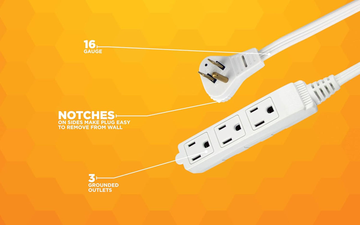 White 13-Foot Angled Flat Plug Extension Cord with 3 Grounded Outlets T2442