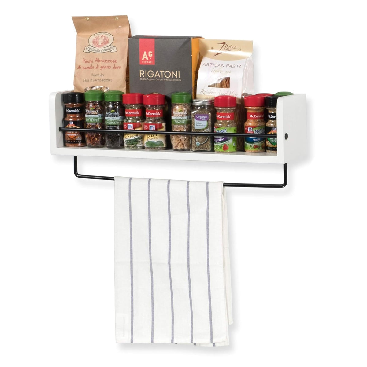 White Rustic Wood Wall Shelf with Metal Rail J6749