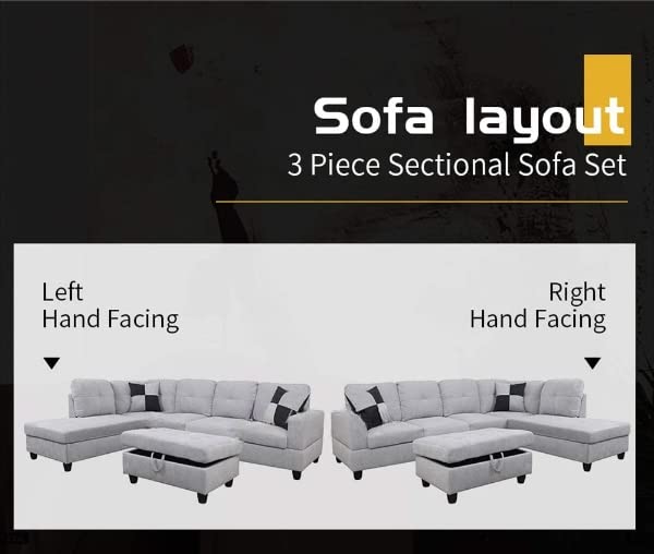Grey White Linen Fabric L-Shaped Sectional Sofa Set with Storage Ottoman and Pillows Q46407