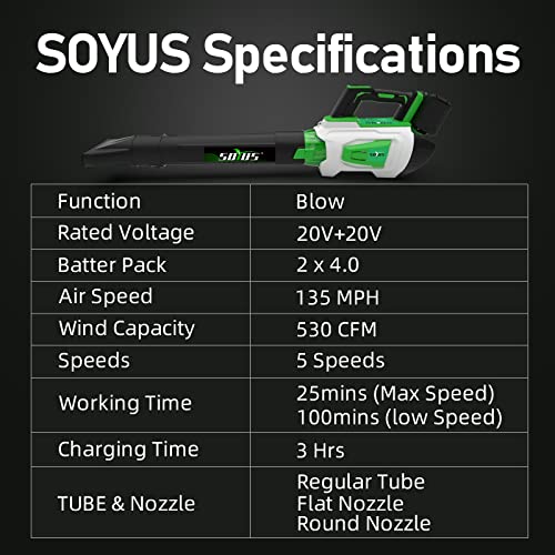40V 135MPH 530CFM 5 Speeds Cordless Leaf Blower with 3 Tube Nozzle C589