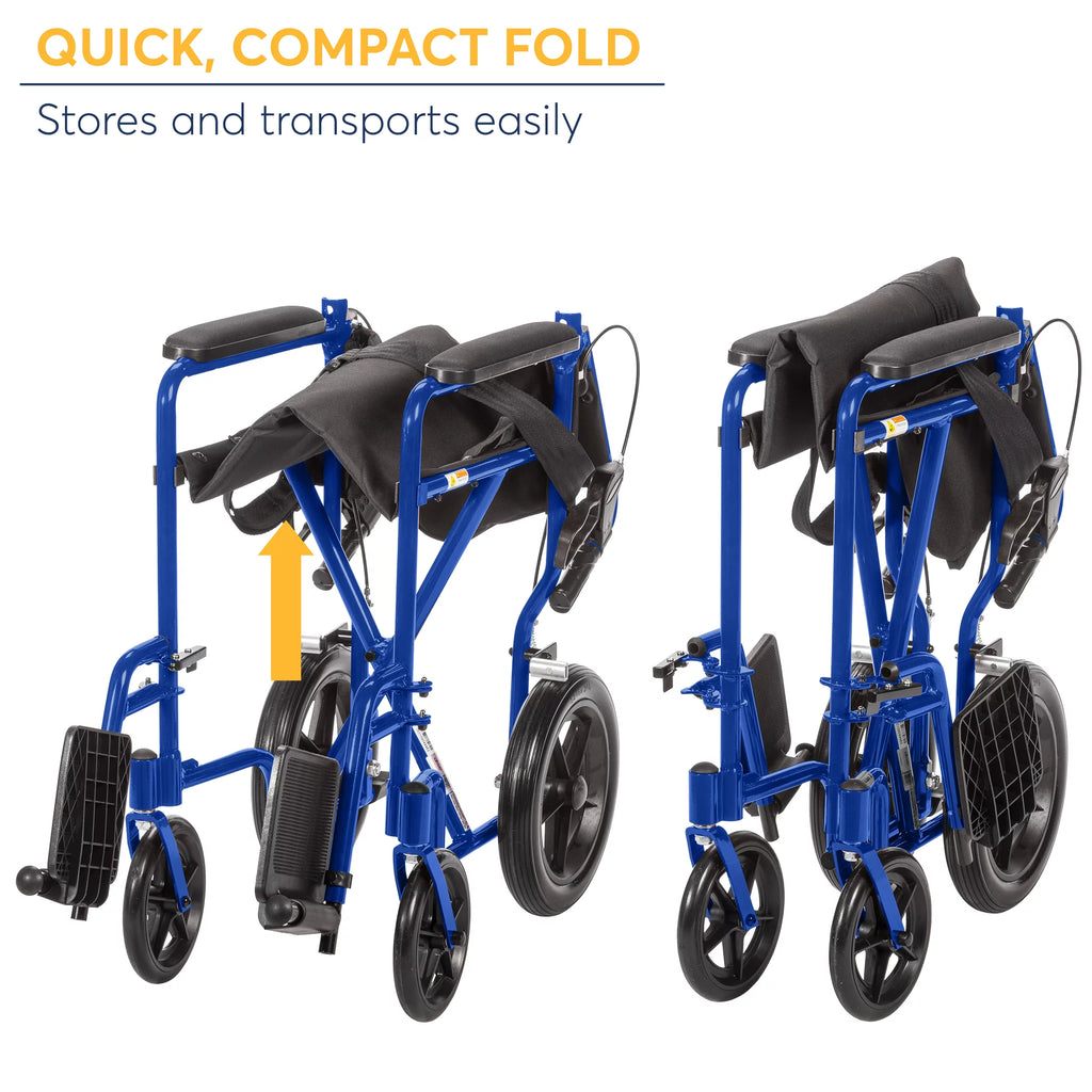 Blue 19" Seat Lightweight Transport Wheelchair with Hand Brakes P764495