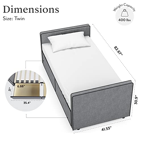 Twin Size Platform Bed Frame with 2 Storage Drawers in Gray Fabric N271246