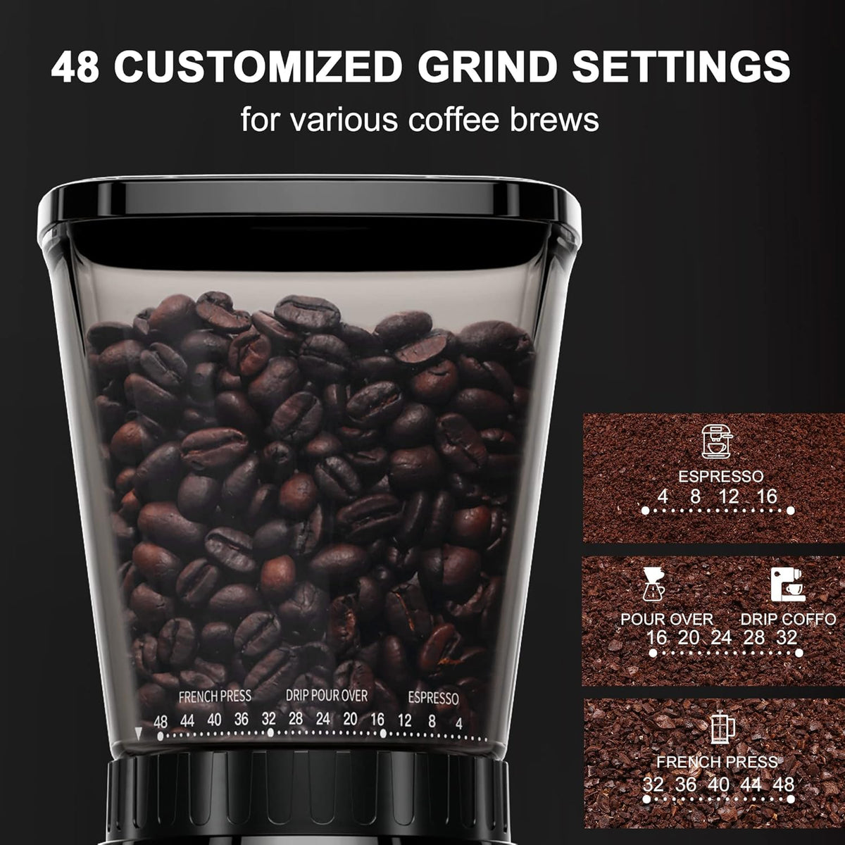 Conical Burr Coffee Grinder with 48 Grind Settings P102