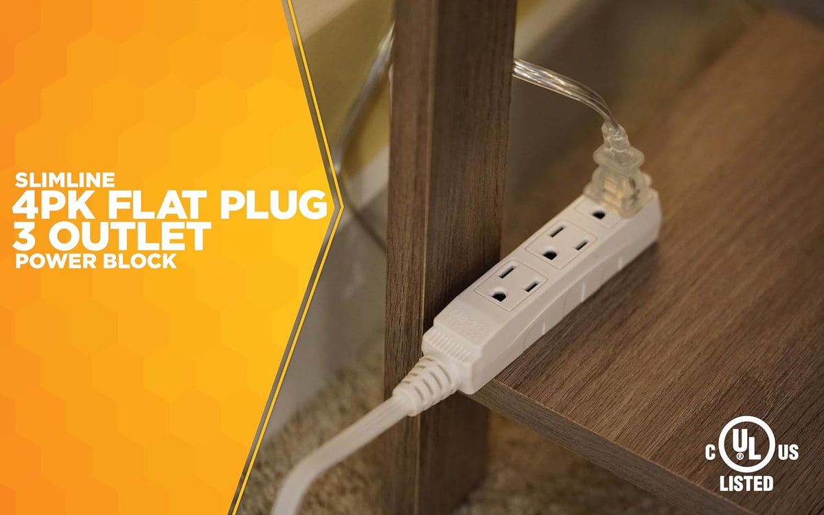 White 13-Foot Angled Flat Plug Extension Cord with 3 Grounded Outlets T2442