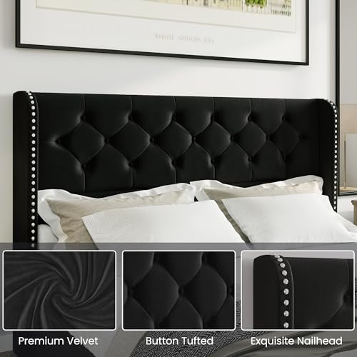 Black Velvet King Size Bed Frame with Storage Drawers and Tufted Headboard V2696