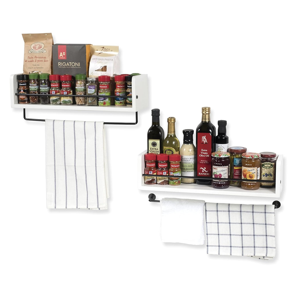 White Rustic Wood Wall Shelf with Metal Rail J6749