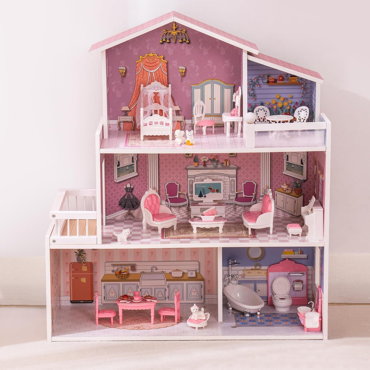 Wooden Dollhouse Playset, 3 Stories, 5 Rooms, 24 PCS Furniture U76780