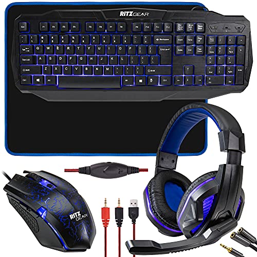 RGB Gaming Accessories Kit 4-in-1 Rainbow LED Backlight Bundle with Multimedia Keyboard, Optical Mouse, Mouse Pad & Headset S3929