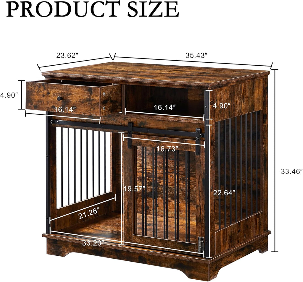 Rustic Brown Wooden Dog Crate with Sliding Barn Door and Storage Drawers P756149