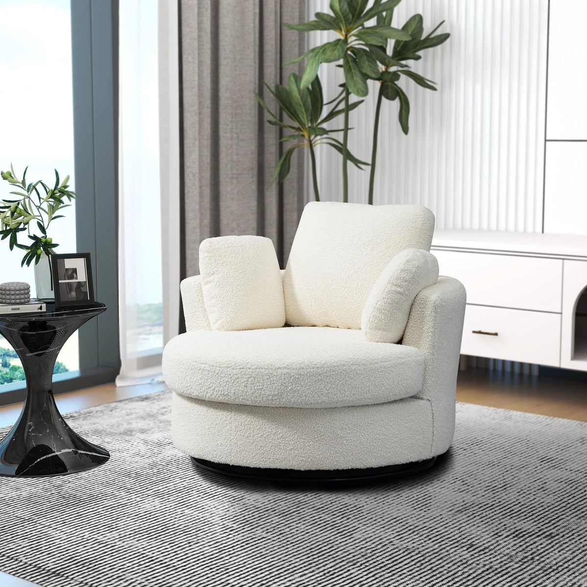 Ivory Boucle Oversized Swivel Accent Barrel Chair U627