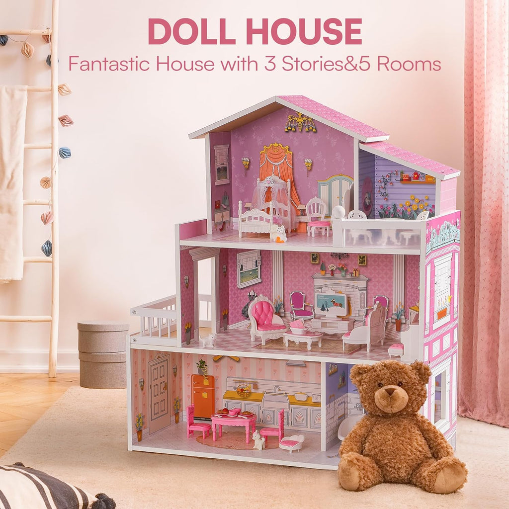 Wooden Dollhouse Playset, 3 Stories, 5 Rooms, 24 PCS Furniture U76780