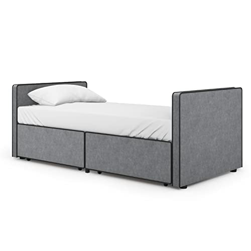 Twin Size Platform Bed Frame with 2 Storage Drawers in Gray Fabric N271246