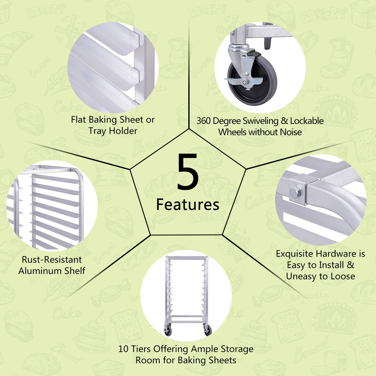 10 Tier Aluminum Bakery Rack with Lockable Casters N118089