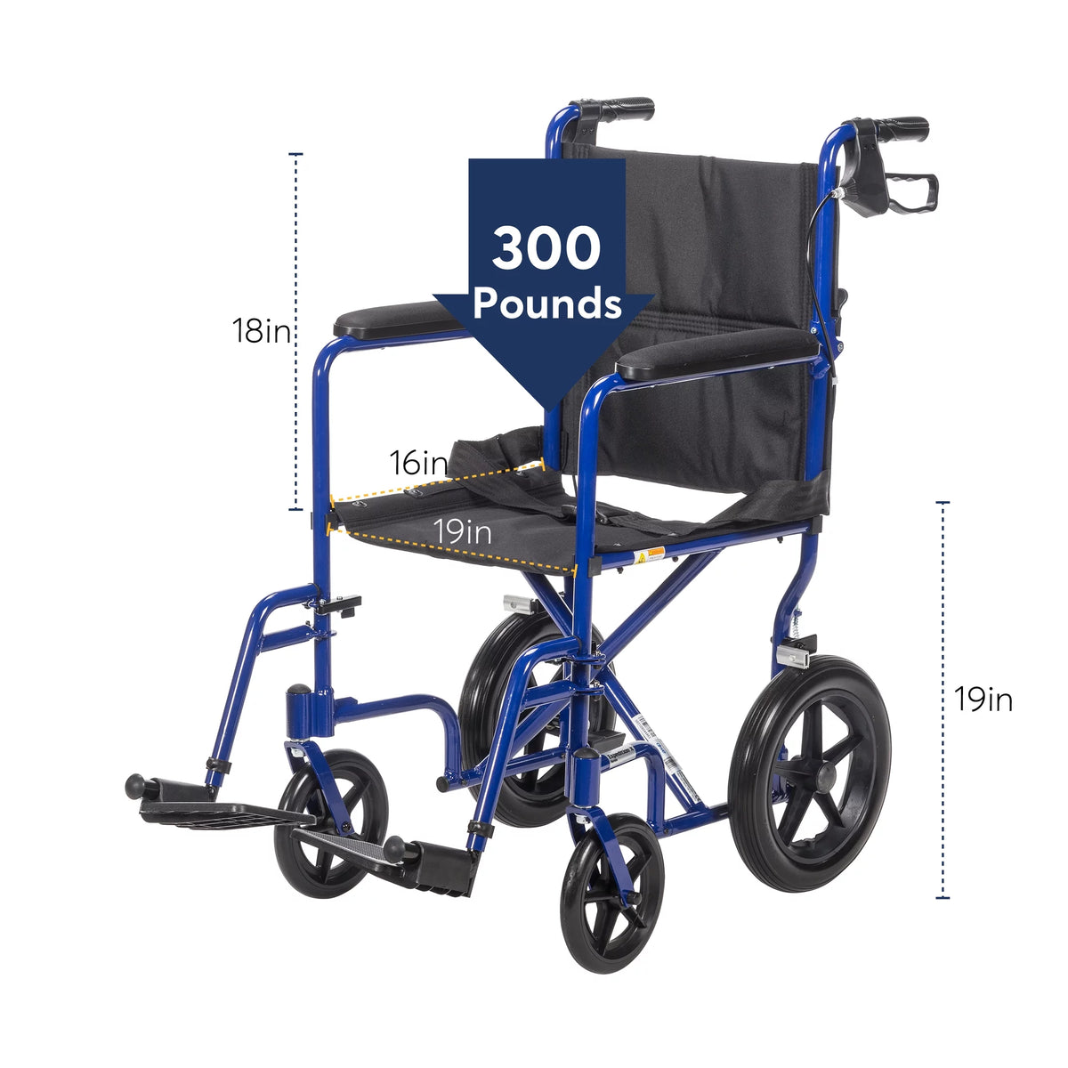Blue 19" Seat Lightweight Transport Wheelchair with Hand Brakes P764495