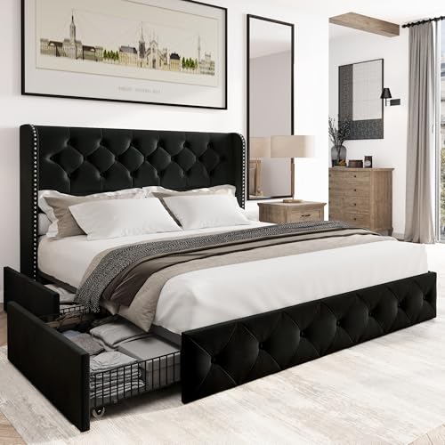 Black Velvet King Size Bed Frame with Storage Drawers and Tufted Headboard V2696