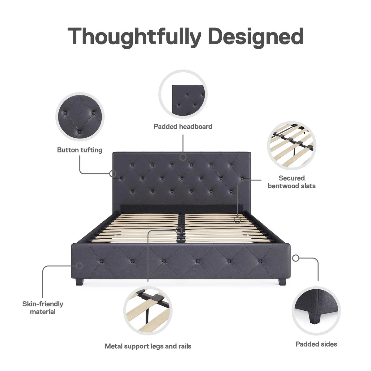 Queen Gray Faux Leather Upholstered Platform Bed N277059