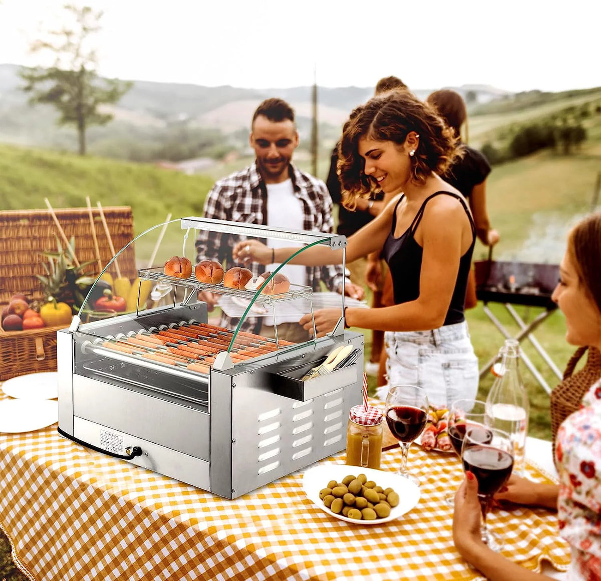 2000W 11 Rollers Hot Dog Roller Grill Cooker Machine with Bun Warmer U1313