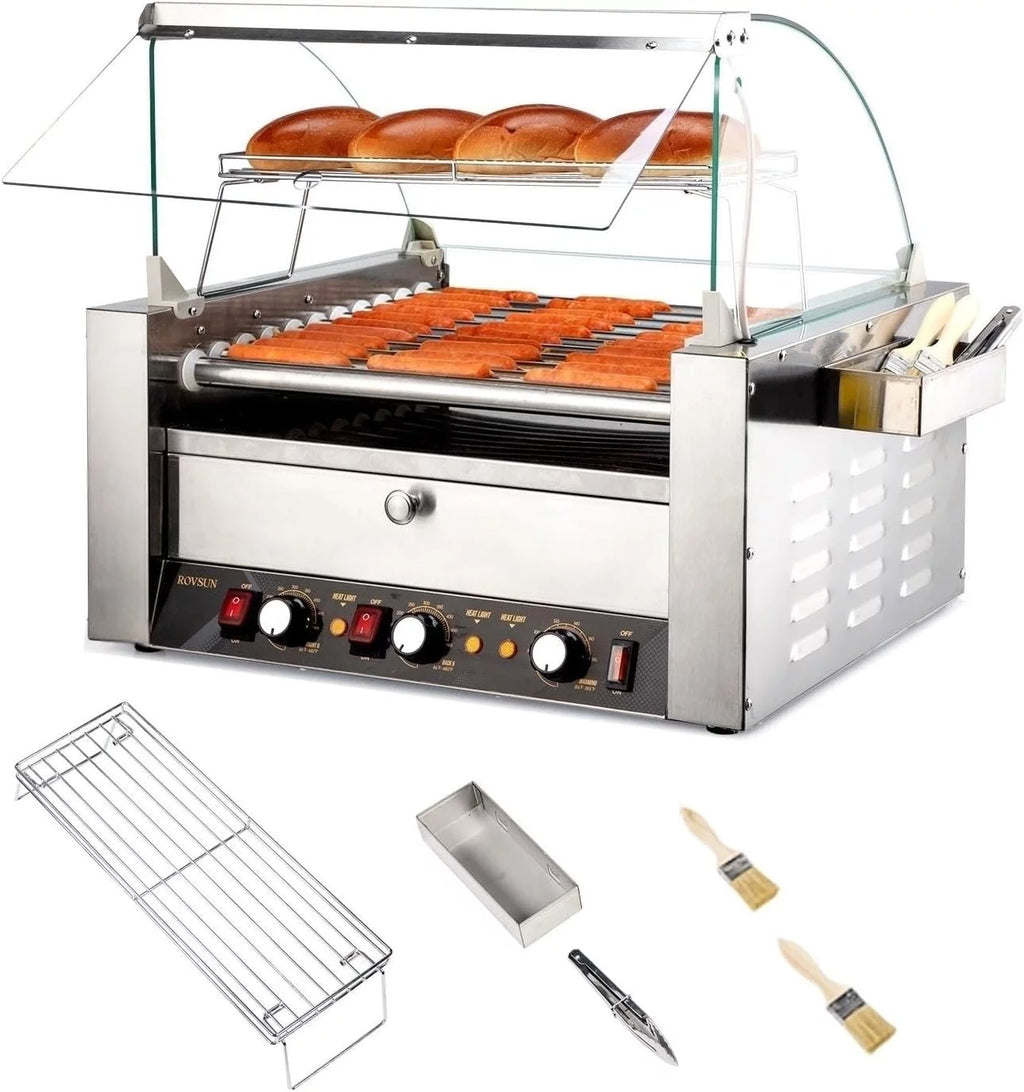 2000W 11 Rollers Hot Dog Roller Grill Cooker Machine with Bun Warmer U1313