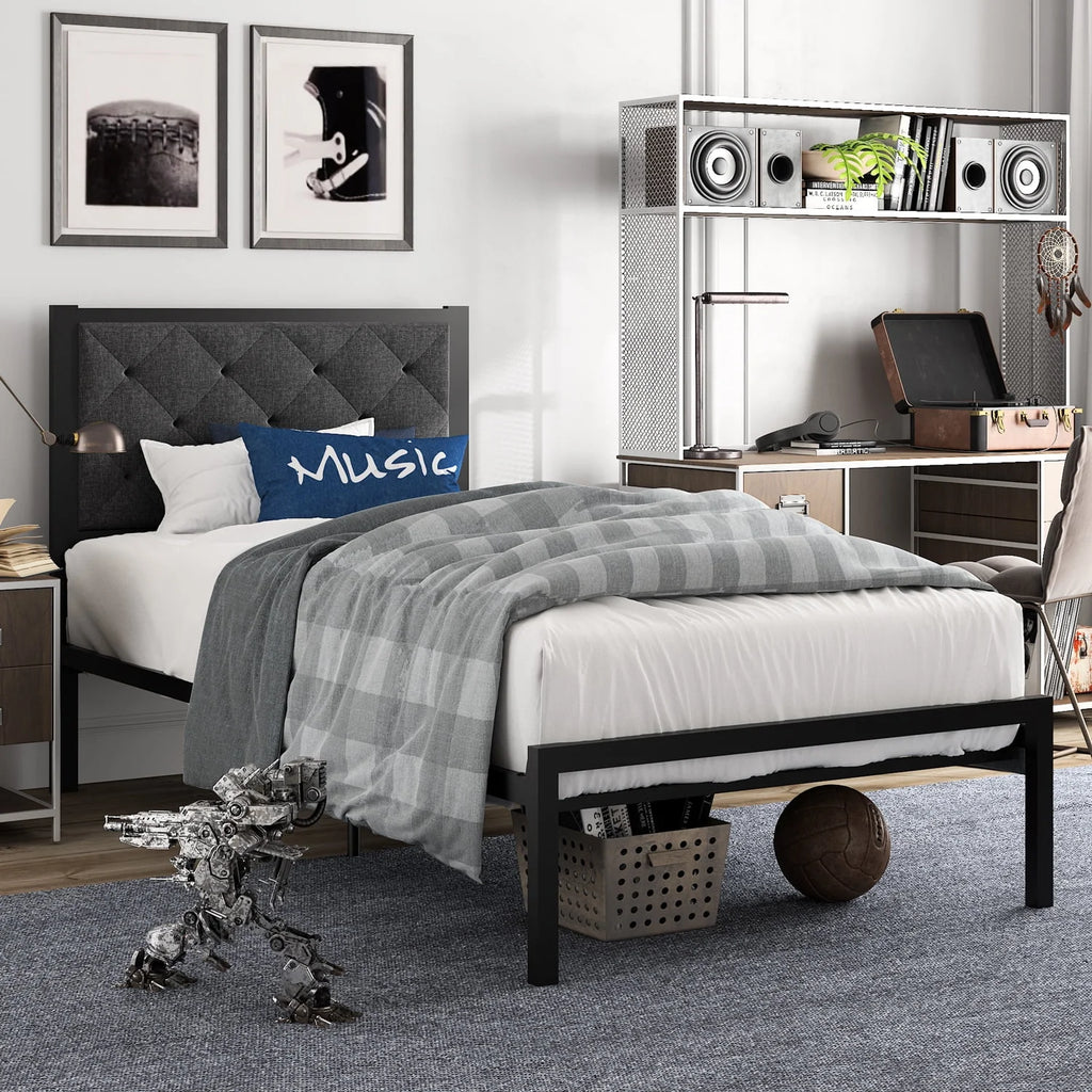 Twin Size Metal Bed Frame with Upholstered Headboard C8145