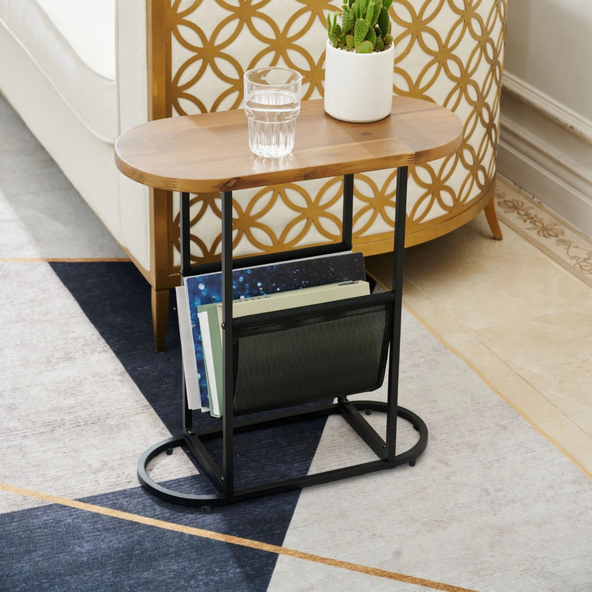 Wood Oval Side Table Set of 2 with Magazine Rack V813