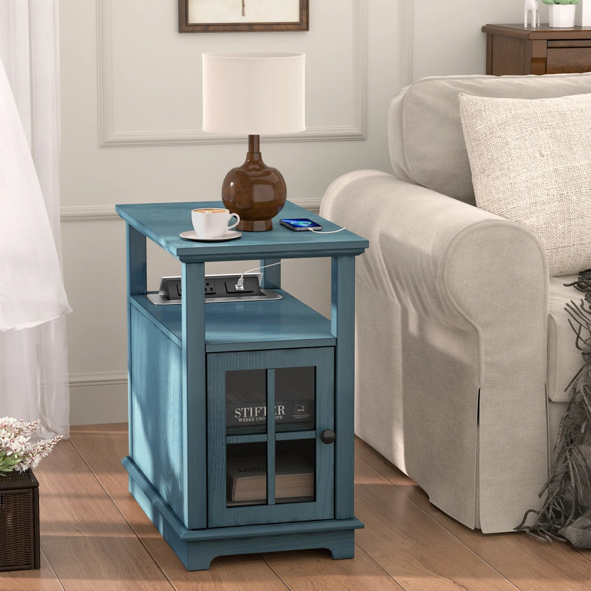 Teal End Table with Storage and Charging Station H730773