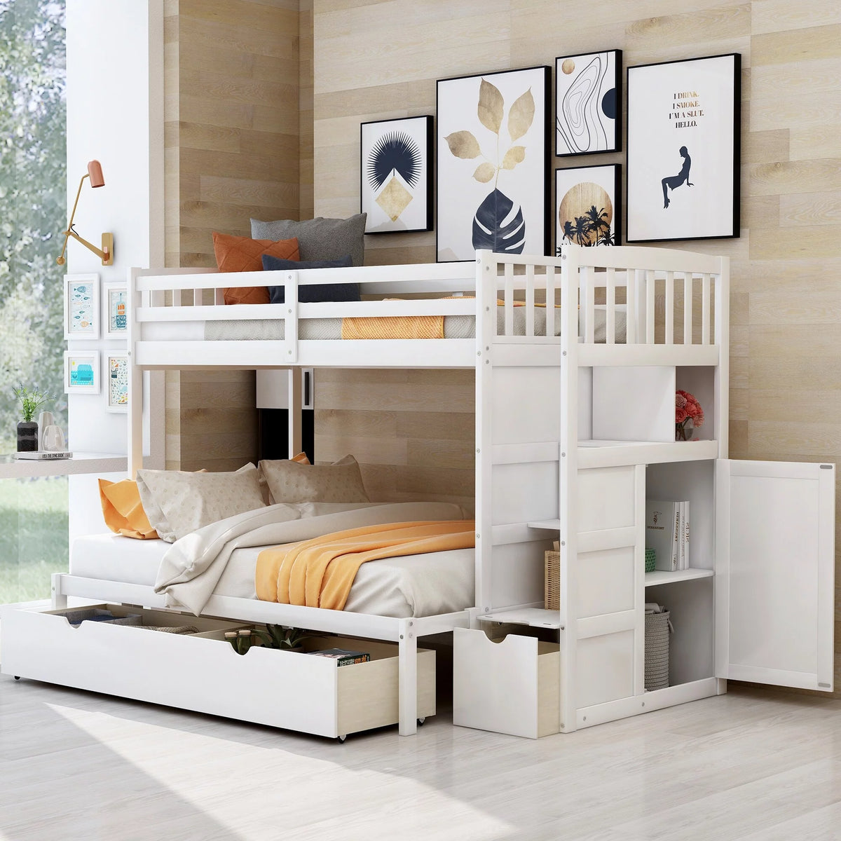 White Twin over Full Bunk Bed with Storage Shelves and Drawers C64631