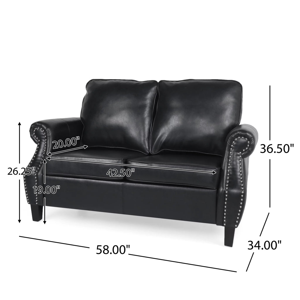 Midnight Black and Dark Brown Faux Leather Loveseat with Nailhead Trim T82967
